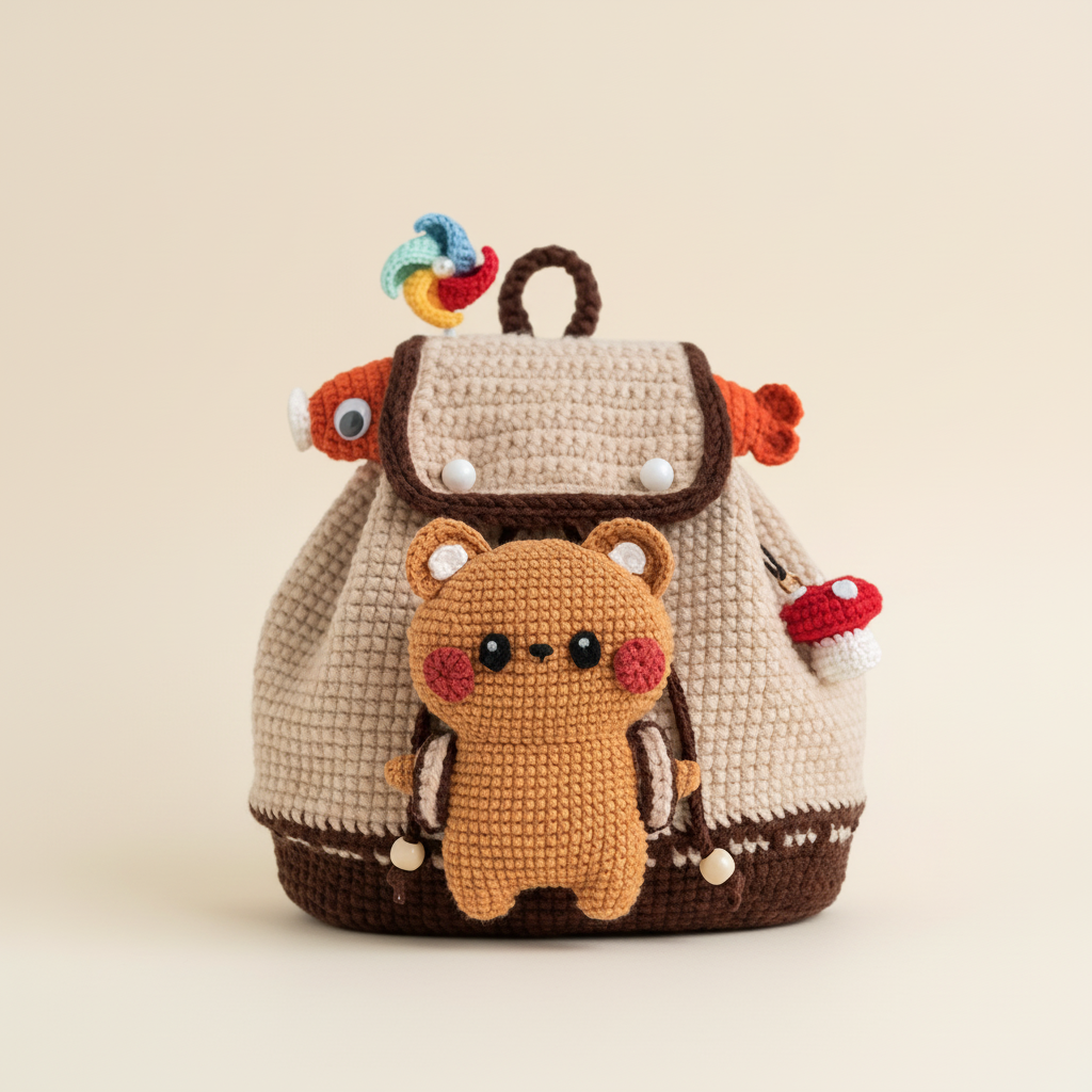 "Windmill Tale" Deluxe Handmade Crochet Backpack - Adorable Bear & Fairy-Tale Accessories Schoolbag